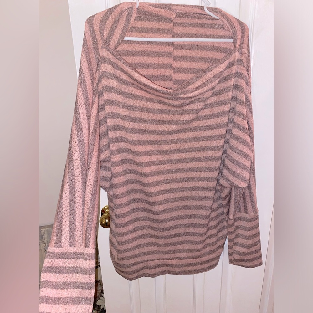 Pink and dark gray striped long sleeve blouse
